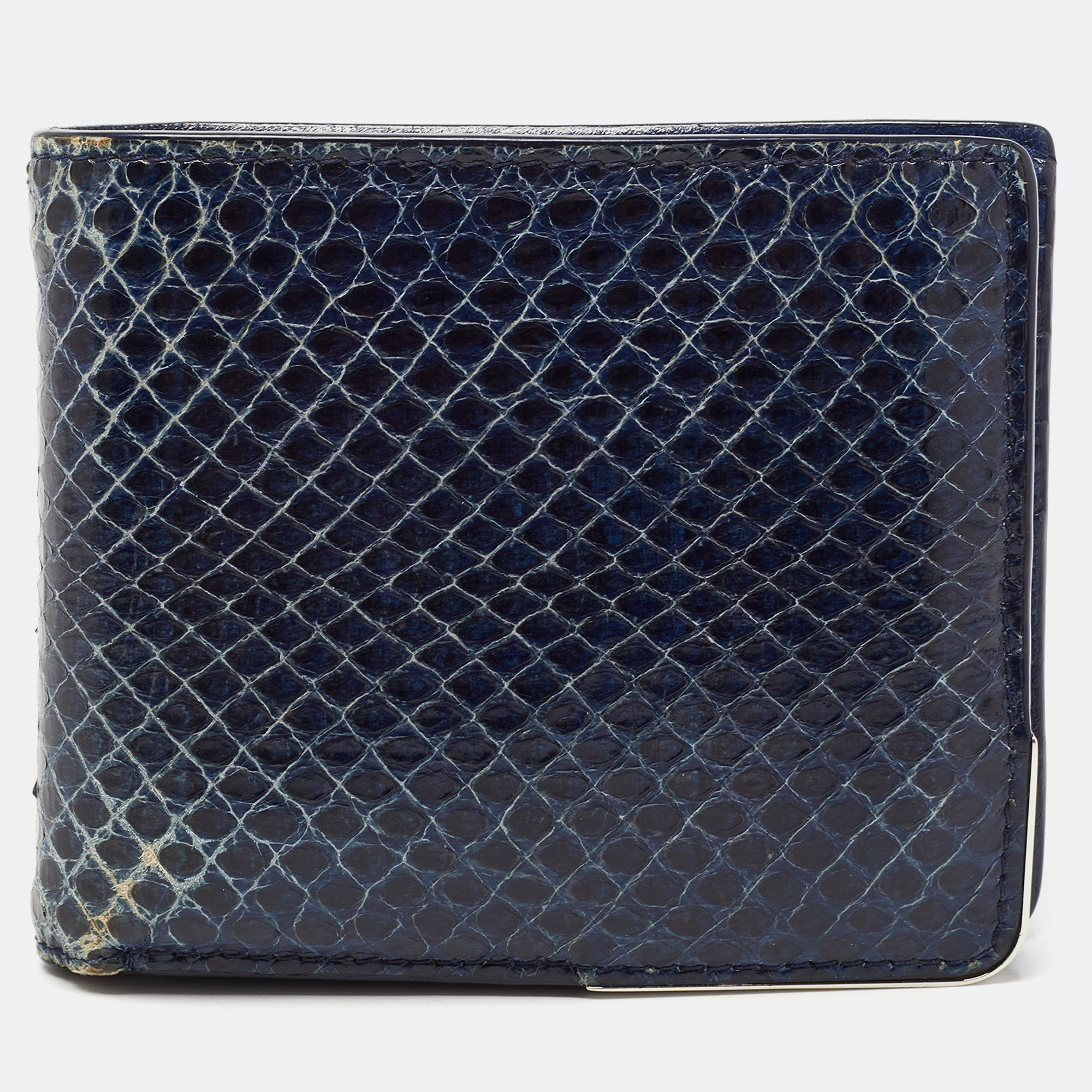 Pre-owned Dior Navy Blue Watersnake Leather Metal Edge Bifold Wallet