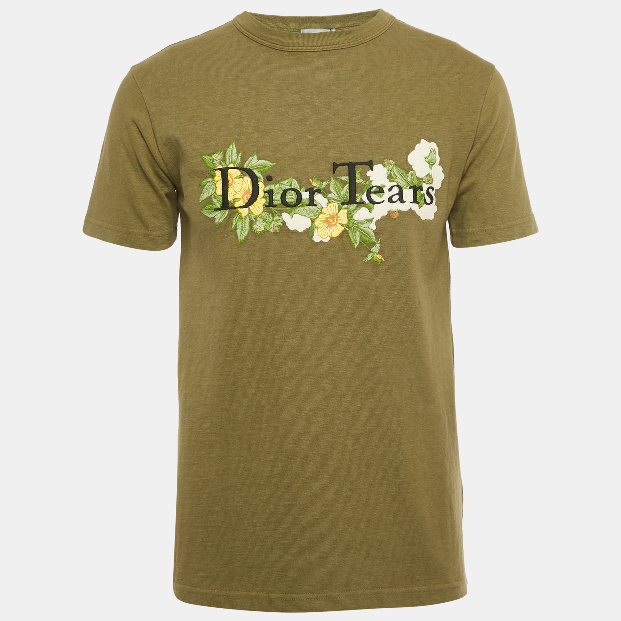 

Dior Homme X Denim Tears Olive Green Floral Logo Embroidered Cotton T-Shirt XXS