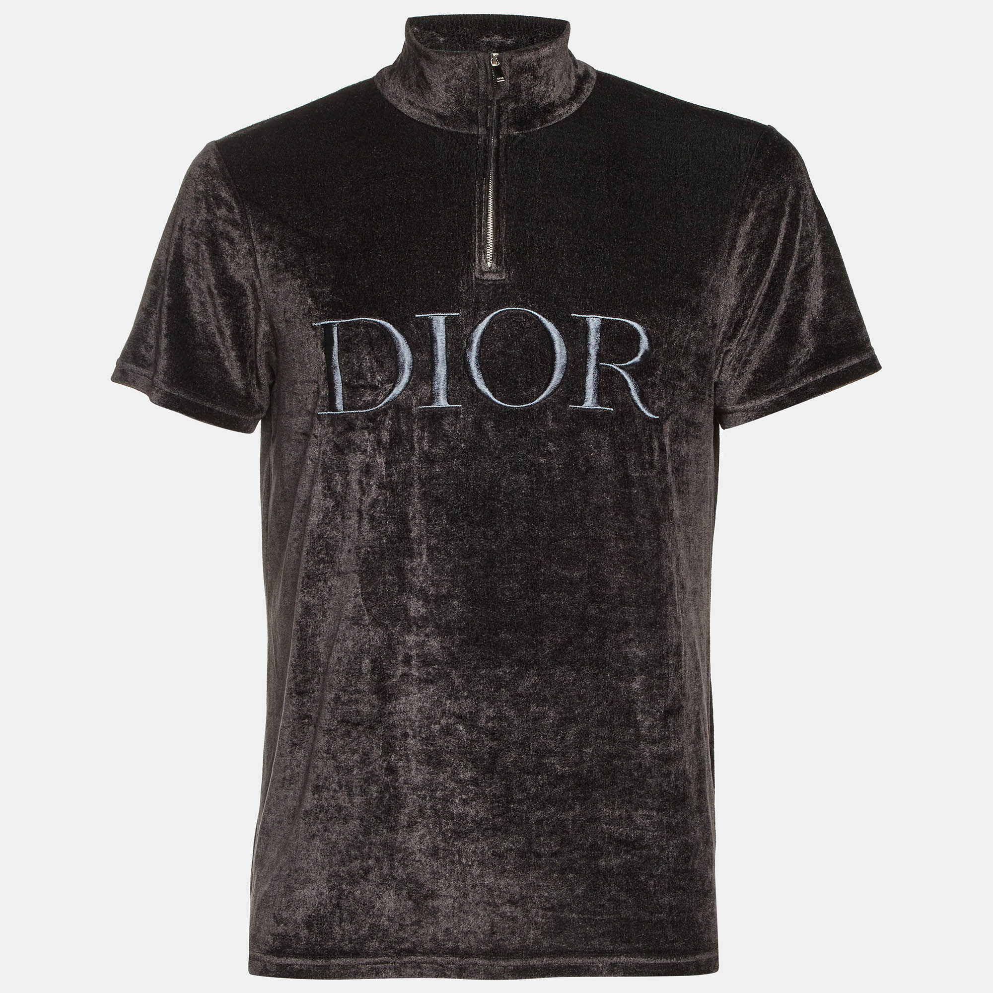 

Dior Hommé Black Logo Embroidered Velvet Quarter Zip T-Shirt L