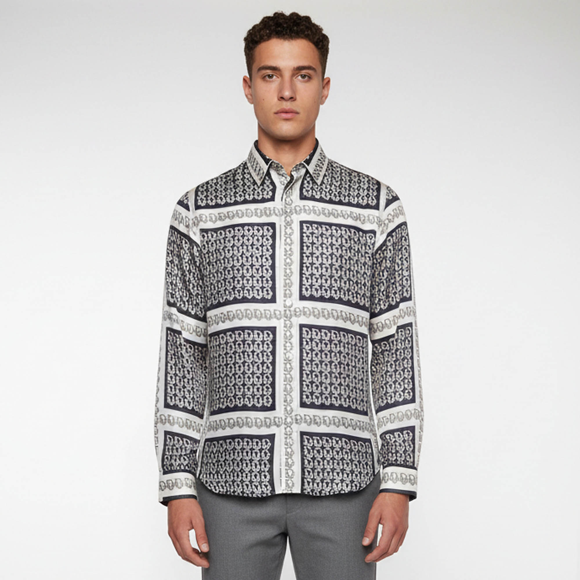 

Dior Grey Printed Silk Long Sleeve Shirt M