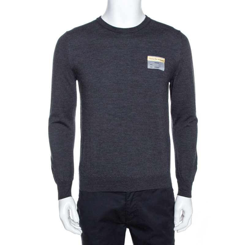 Dior Grey Wool Applique Detail Long Sleeve Sweater L
