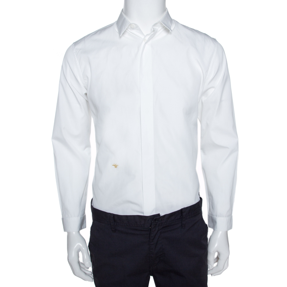 Dior Homme White Bee Embroidered Cotton Long Sleeve Shirt M