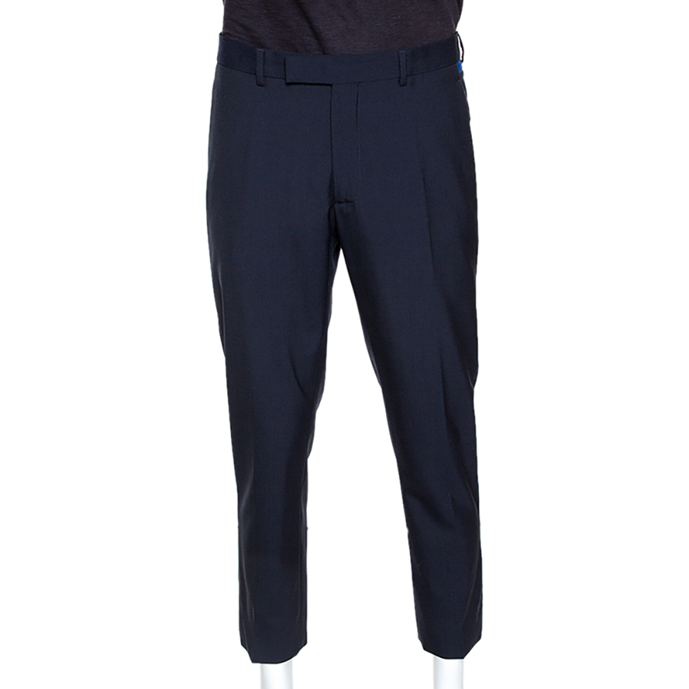 Pre-owned Dior Navy Blue Wool Contrast Waist Trim Trousers L
