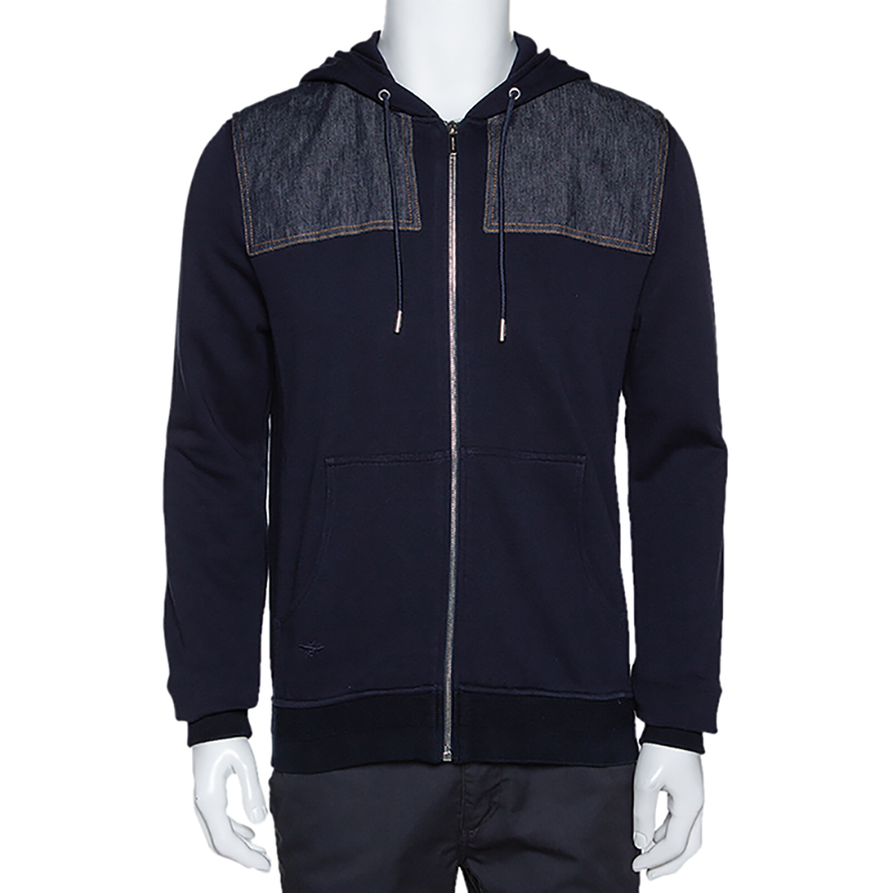 Pre Owned Dior Homme Navy Blue Cotton Denim Trim Zip Front Hooded Jacket L