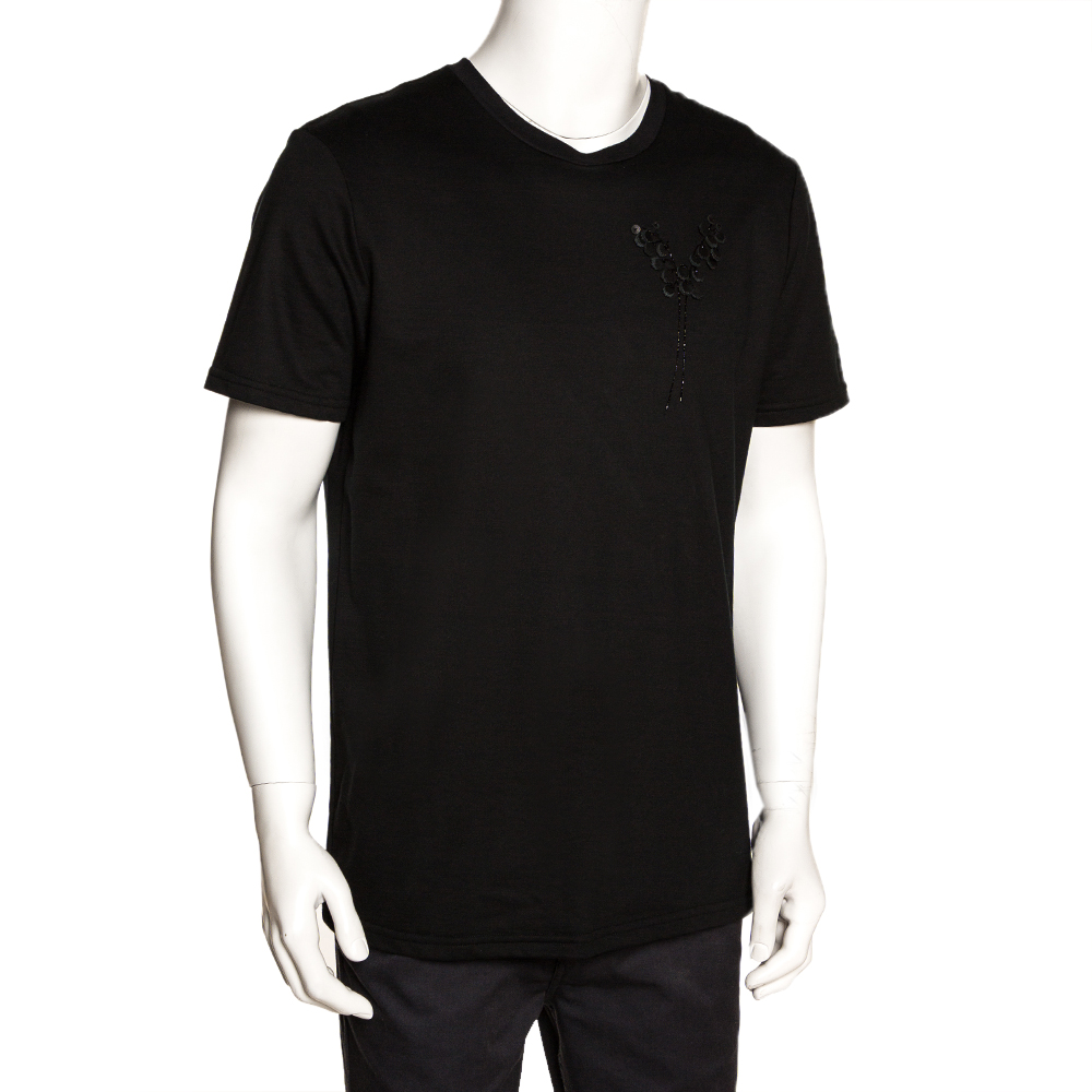

Dior Homme Black Cotton Floral Applique Detail Crew Neck T Shirt