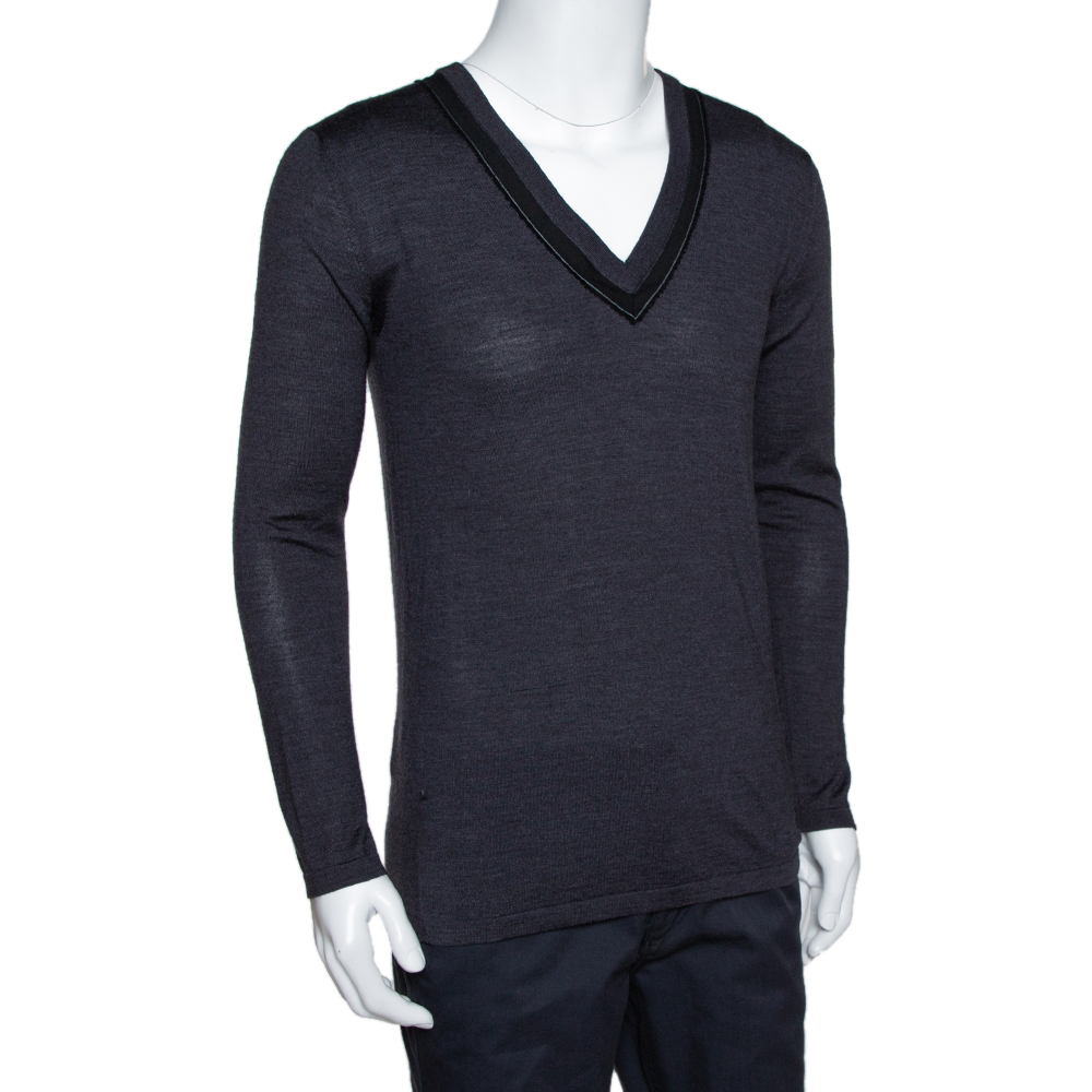 

Dior Homme Charcoal Grey Silk & Wool Blend V Neck Sweater