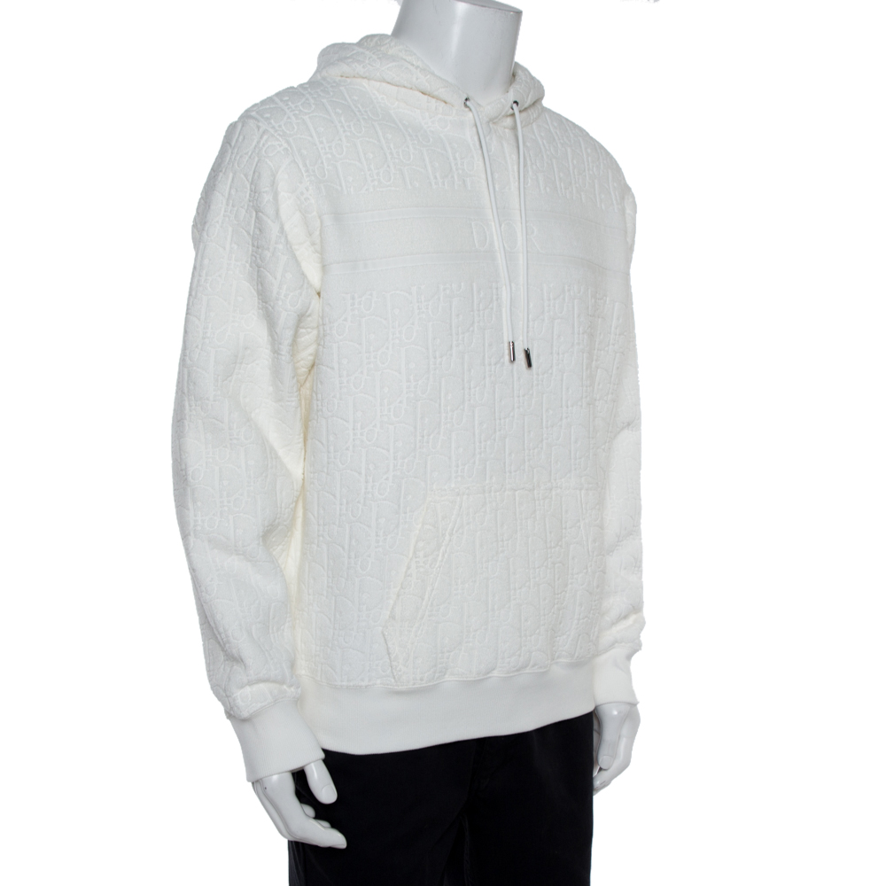 

Dior White Jacquard Cotton Logo Motif Oversized Hoodie Sweatshirt