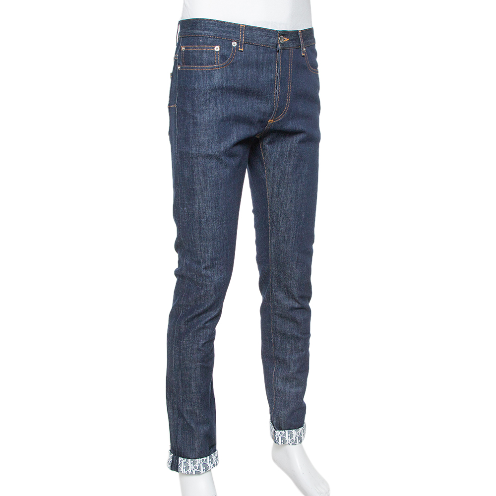 

Dior Homme Navy Blue Denim Oblique Print Detail Slim Fit Jeans