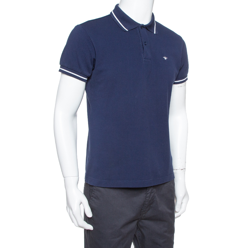 

Dior Homme Navy Blue Cotton Pique Striped Collar Polo T-Shirt