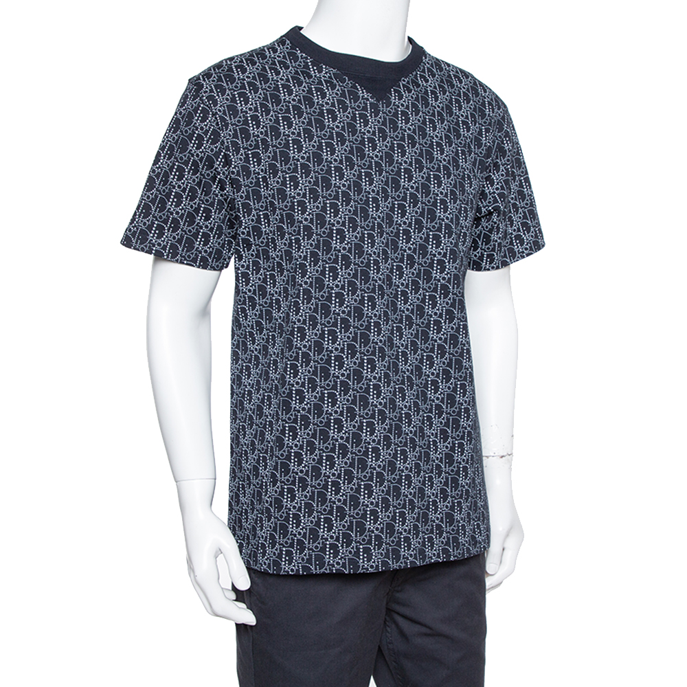 

Dior Navy Blue Cotton Oblique Motif Print Crewneck T-Shirt