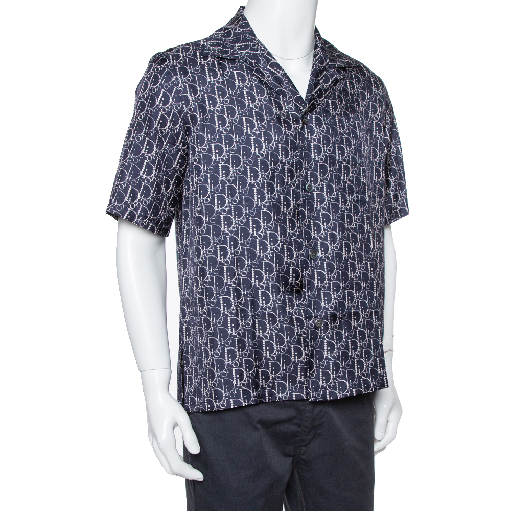 

Dior Navy Blue Silk Oblique Print Bowling Shirt
