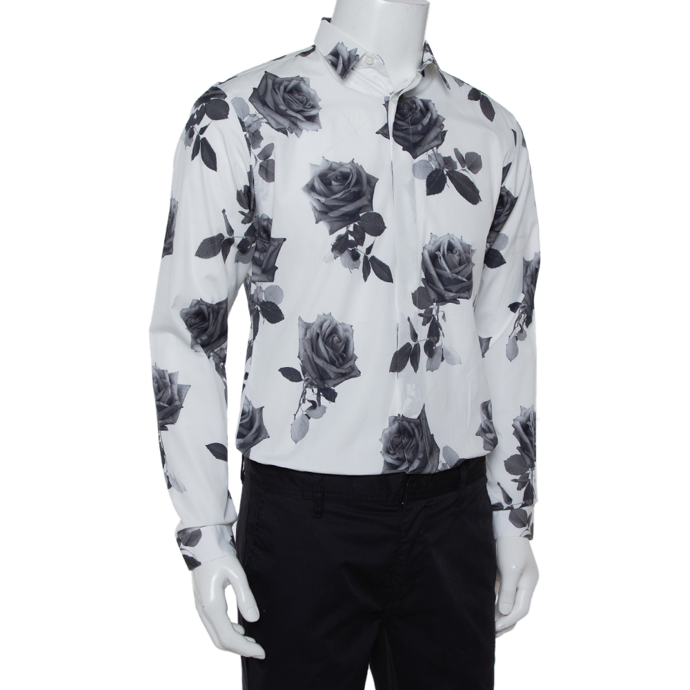 

Dior Homme White Rose Printed Cotton Button Front Shirt