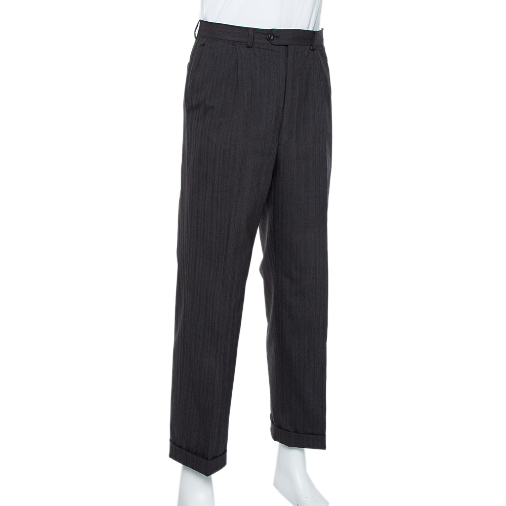 

Christian Dior Vintage Charcoal Grey Striped Wool Straight Leg Trousers