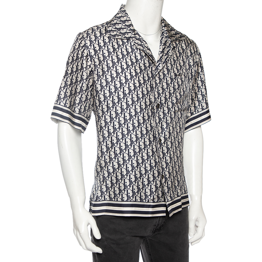 

Dior Homme Navy Blue Oblique Monogram Silk Twill Short Sleeve Shirt
