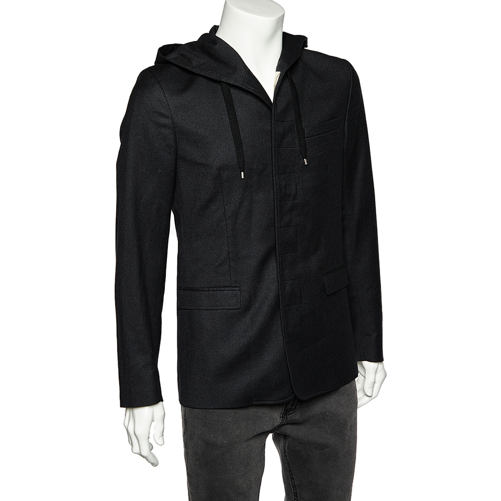 

Dior Homme Black Wool Button Front Hooded Jacket