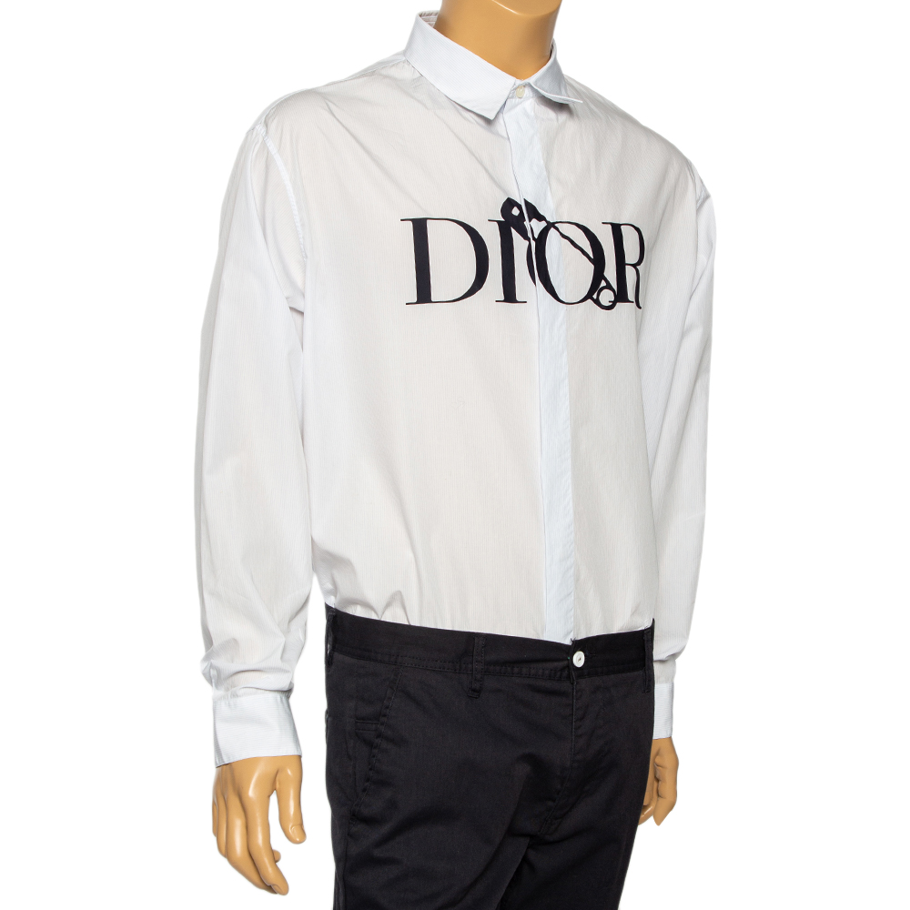 

Dior Pale Blue Striped Logo Printed Cotton Button Front Shirt