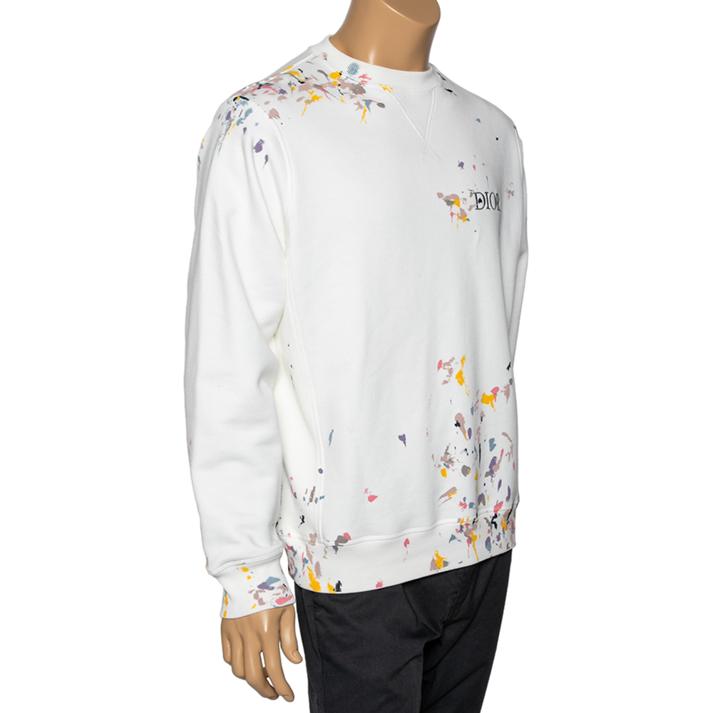 

Dior White Paint Splatter Printed Cotton Crewneck Sweatshirt