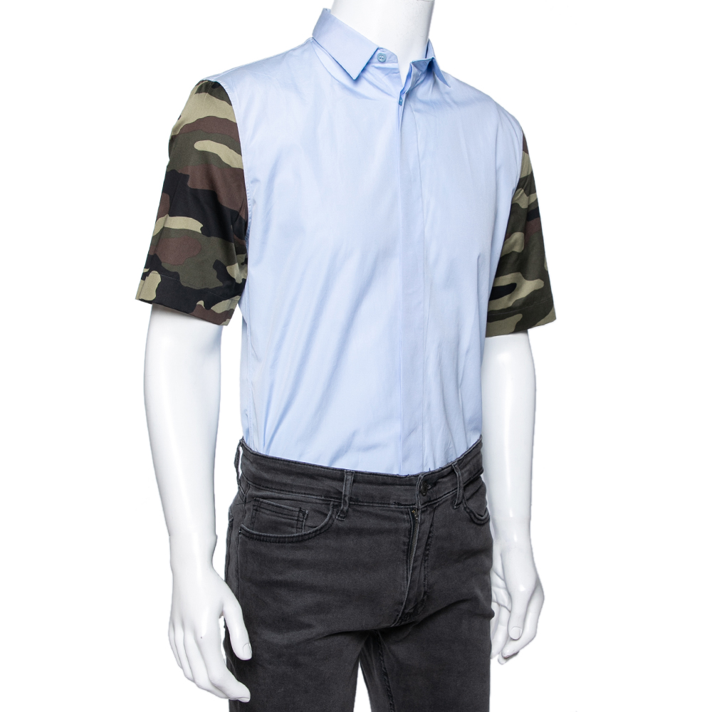 

Dior Blue & Camouflage Sleeve Detail Cotton Button Front Shirt