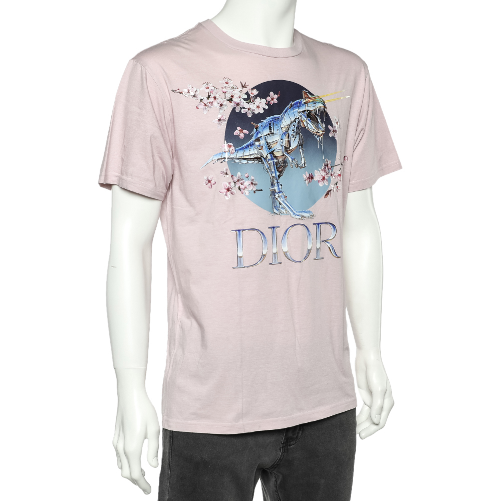 

Dior Homme X Sorayama Pink Dinosaur Printed Cotton Crewneck T-Shirt