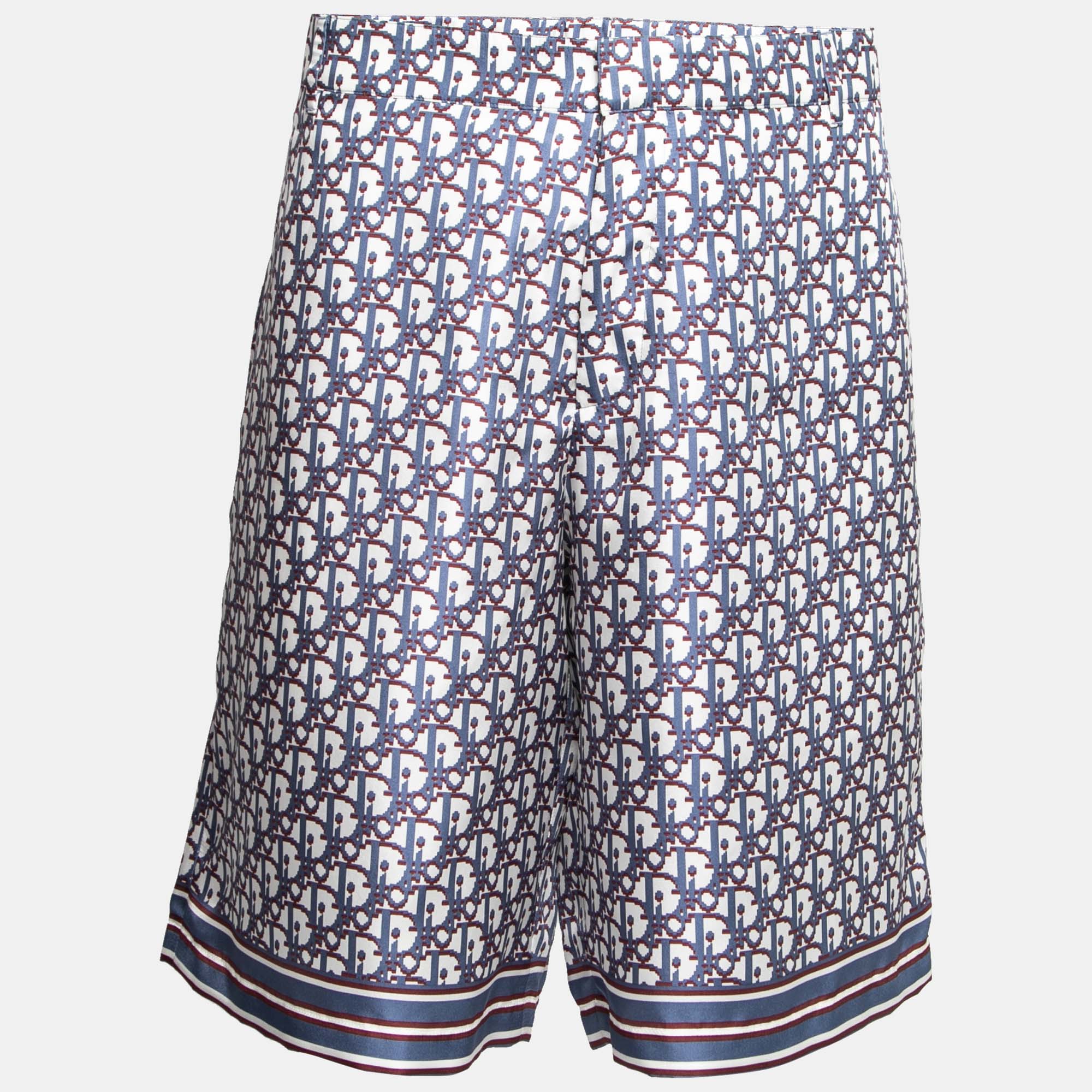 Dior Blue Oblique Pixel Printed Silk Shorts XXL