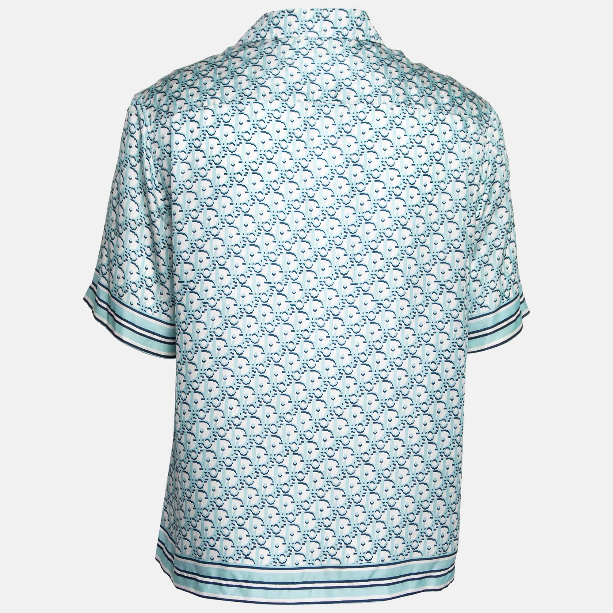 

Dior Blue Oblique Pixel Print Silk Short Sleeve Shirt