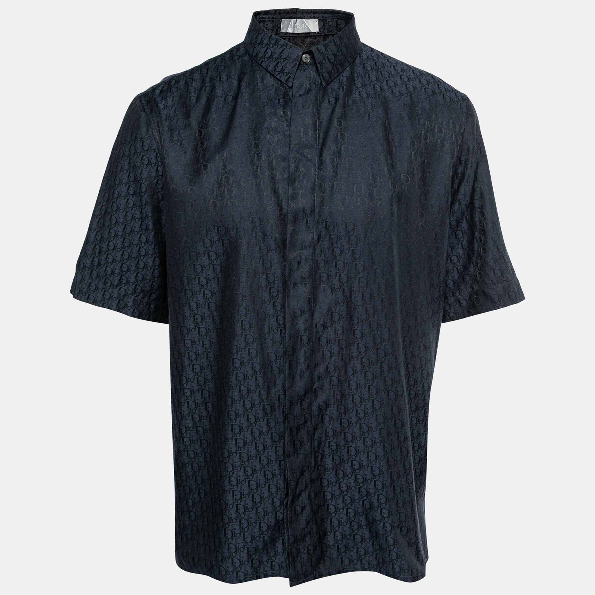 Dior Navy Blue Logo Jacquard Silk Button Front Short Sleeve Shirt L