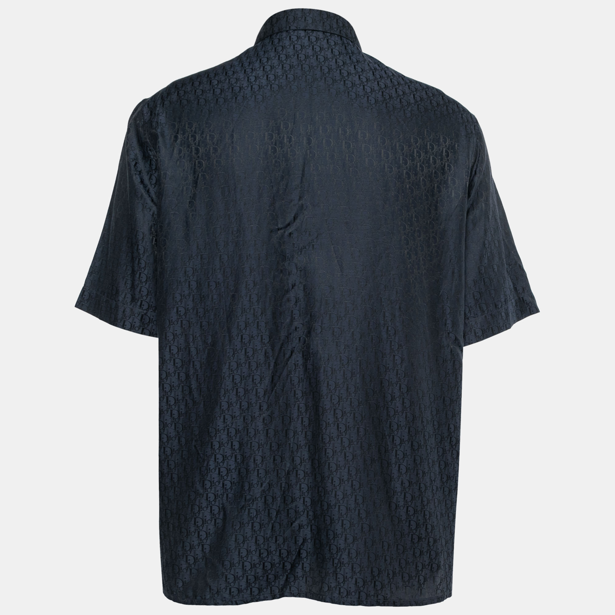 

Dior Navy Blue Logo Jacquard Silk Button Front Short Sleeve Shirt