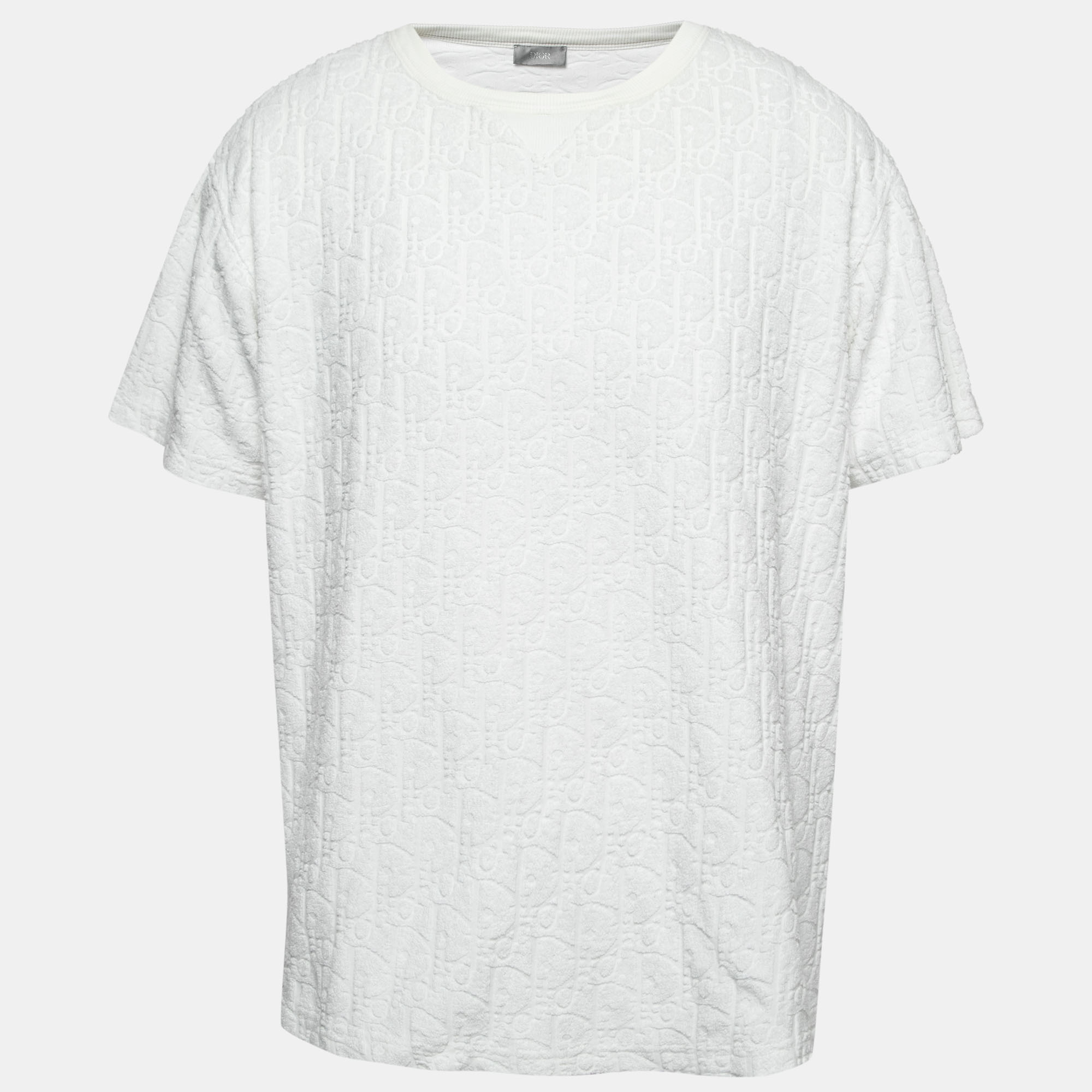 Pre Owned Dior White Oblique Patterned Cotton Half Sleeve T-Shirt XL