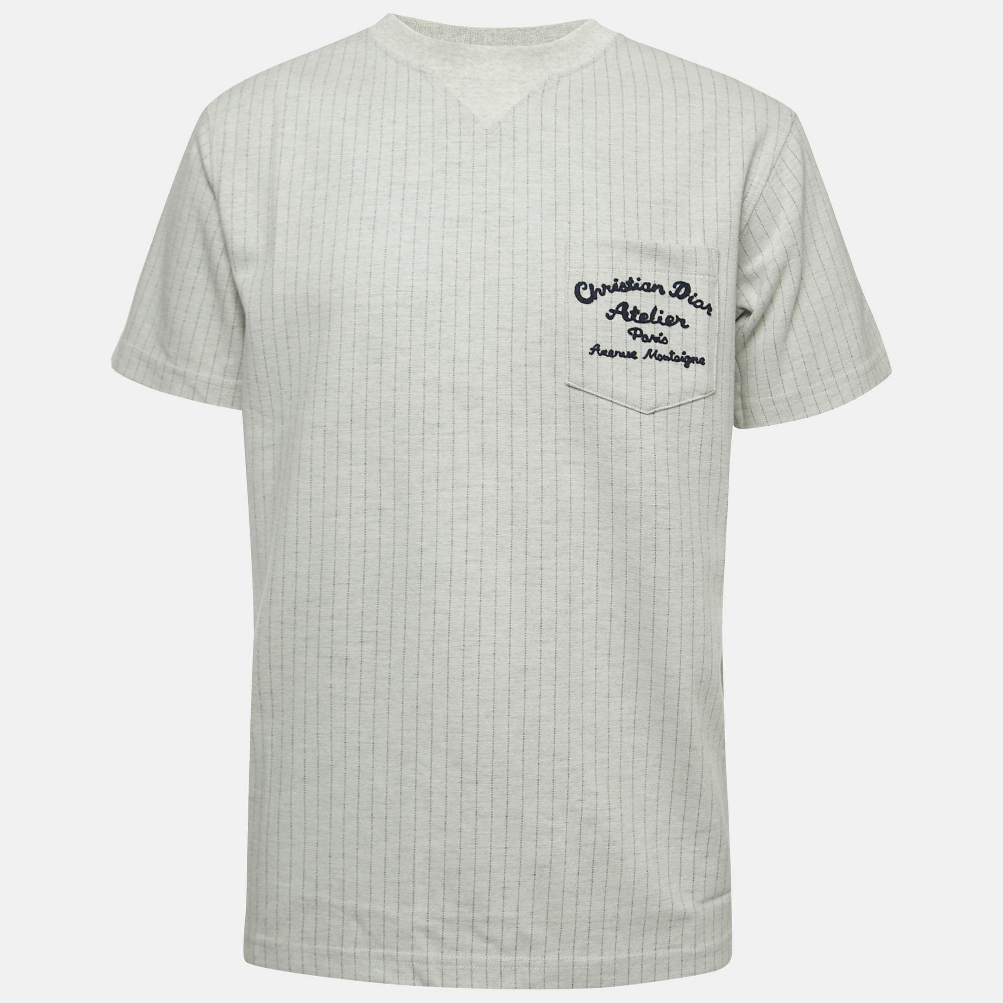 

Dior Grey Striped Embroidered Wool Crew Neck T-Shirt