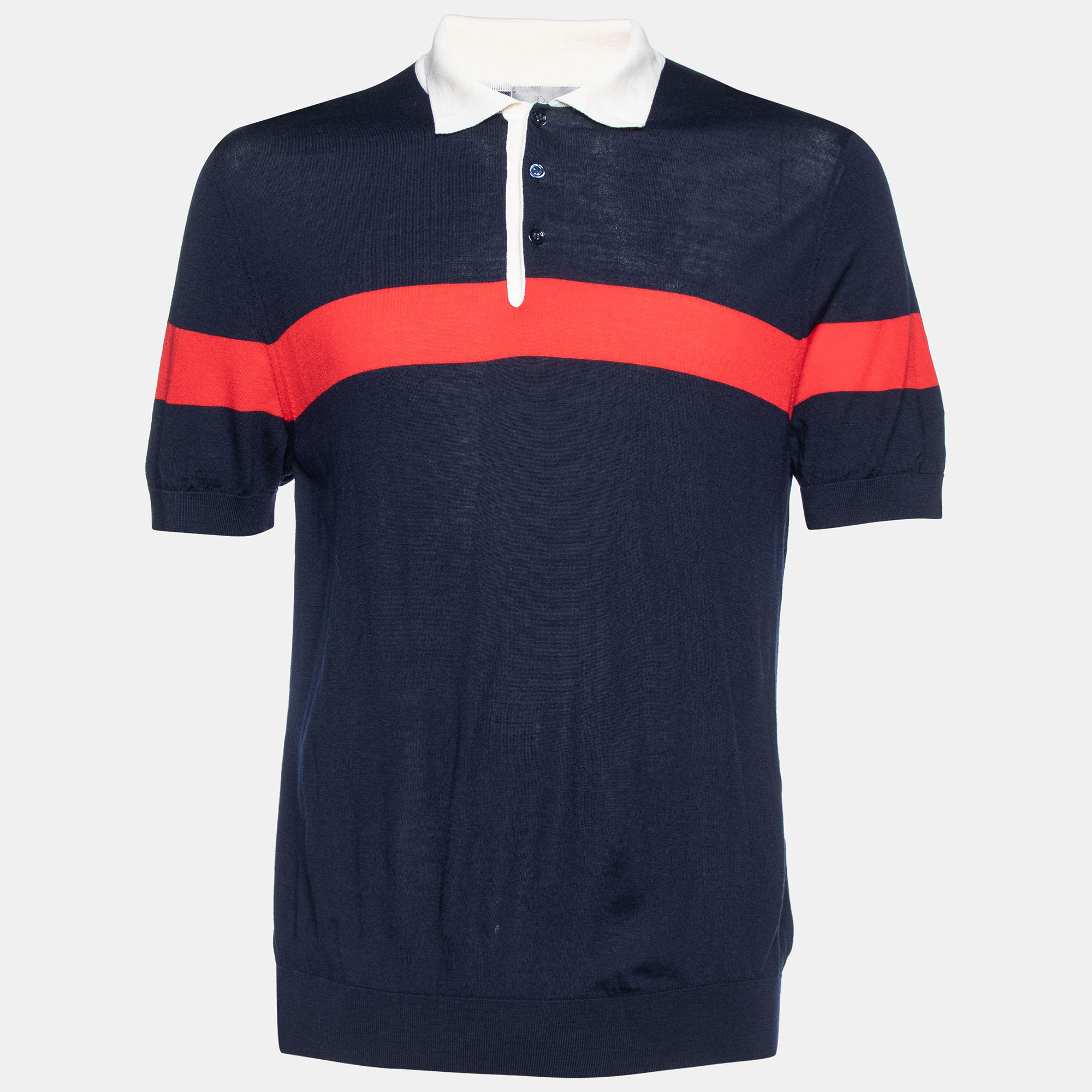 Pre-owned Dior Homme Navy Blue Wool Contrast Stripe Polo T-shirt L