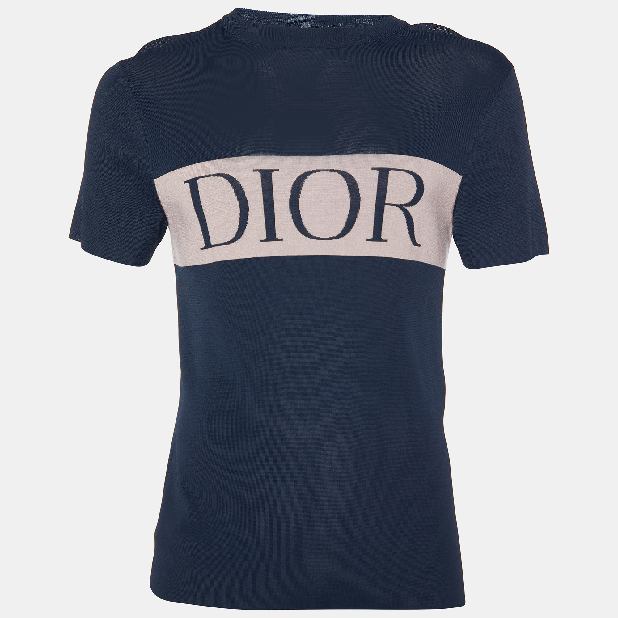 

Dior Homme Midnight Blue/Pink Logo Knit Crew Neck T-Shirt, Navy blue