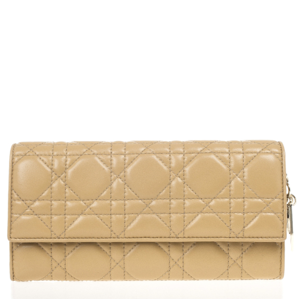 Pre Owned Christian Dior Beige Cannage Lambskin 'Lady Dior' Continental Wallet