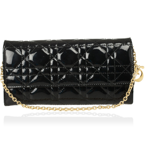 Pre Owned Christian Dior Black Quilted Patent Logo Charm Wallet