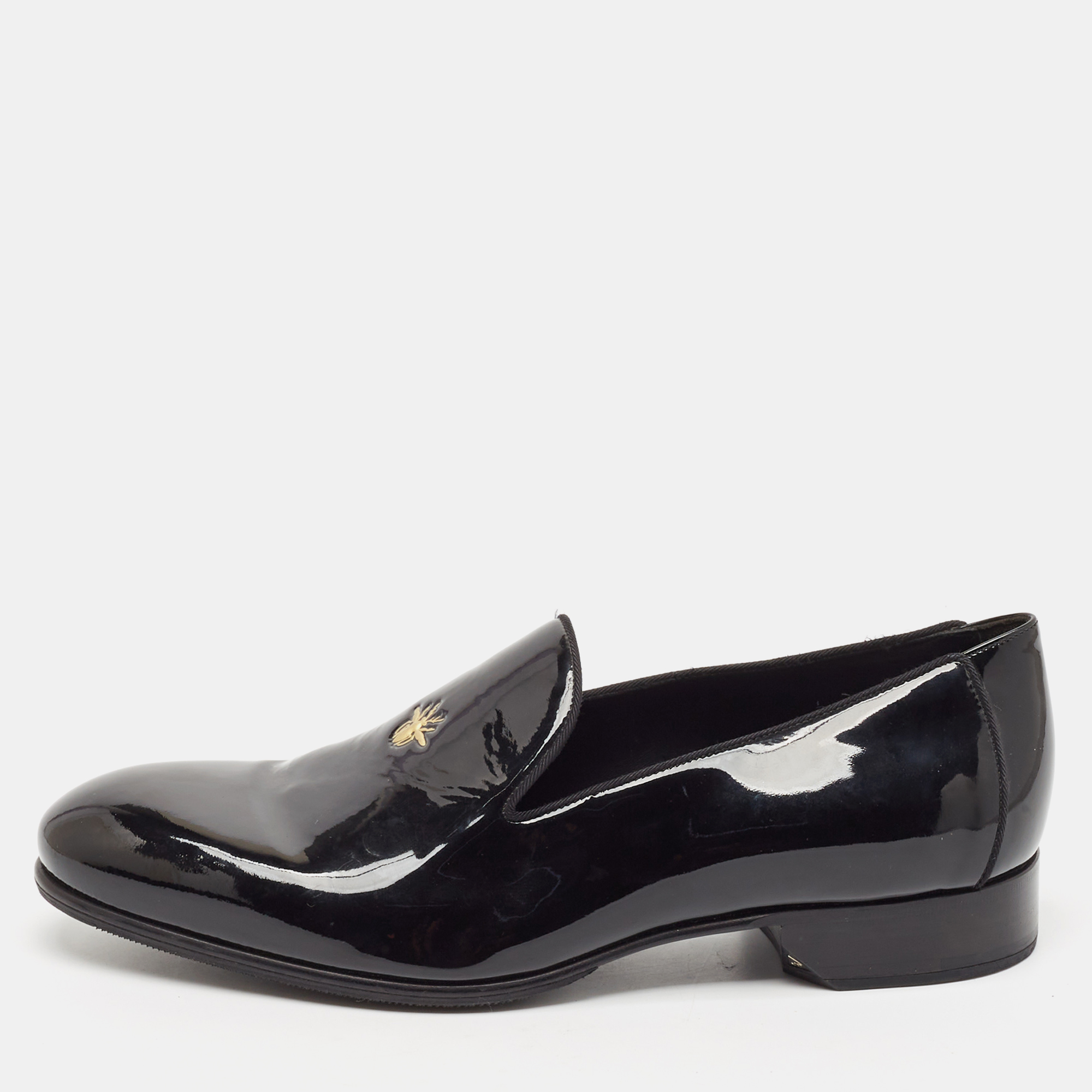 

Dior Black Patent Leather Embossed Bee Detail Slip On Loafers Size