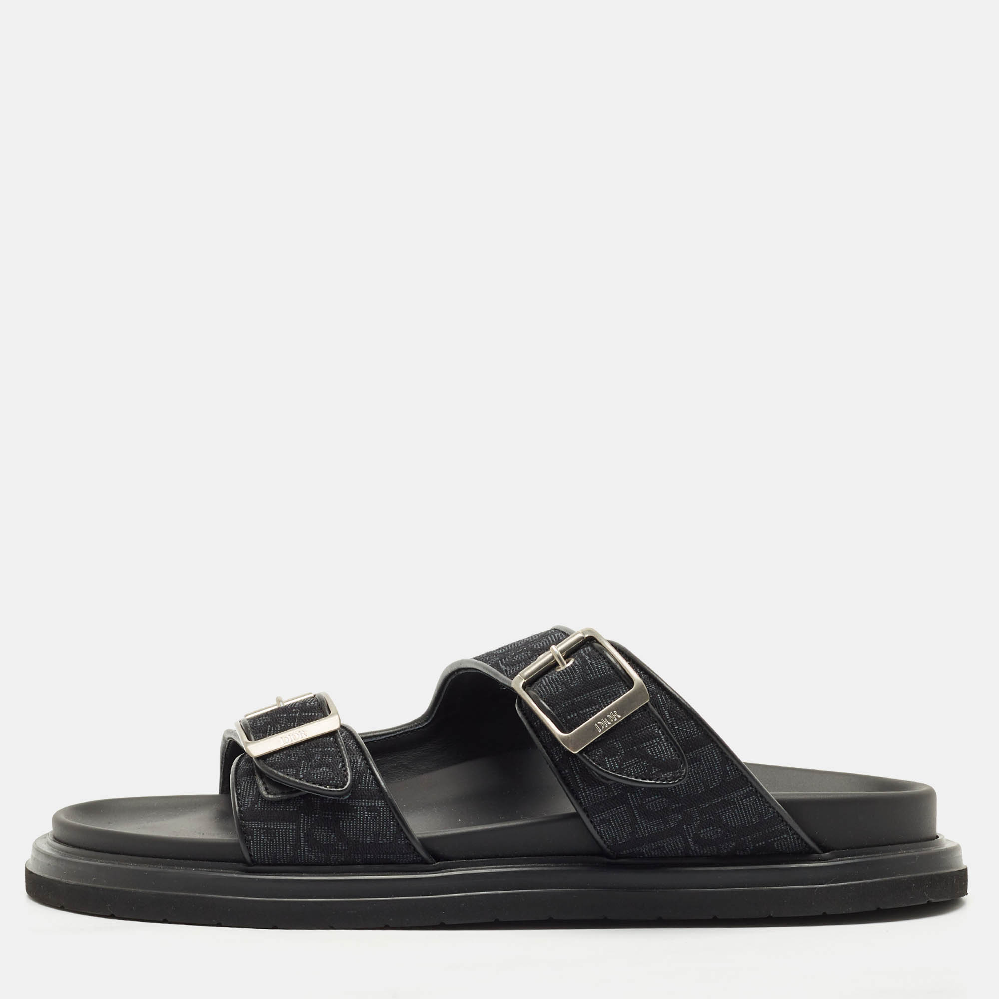 

Dior Black Oblique Canvas and Leather Aqua Flat Slide Sandals Size