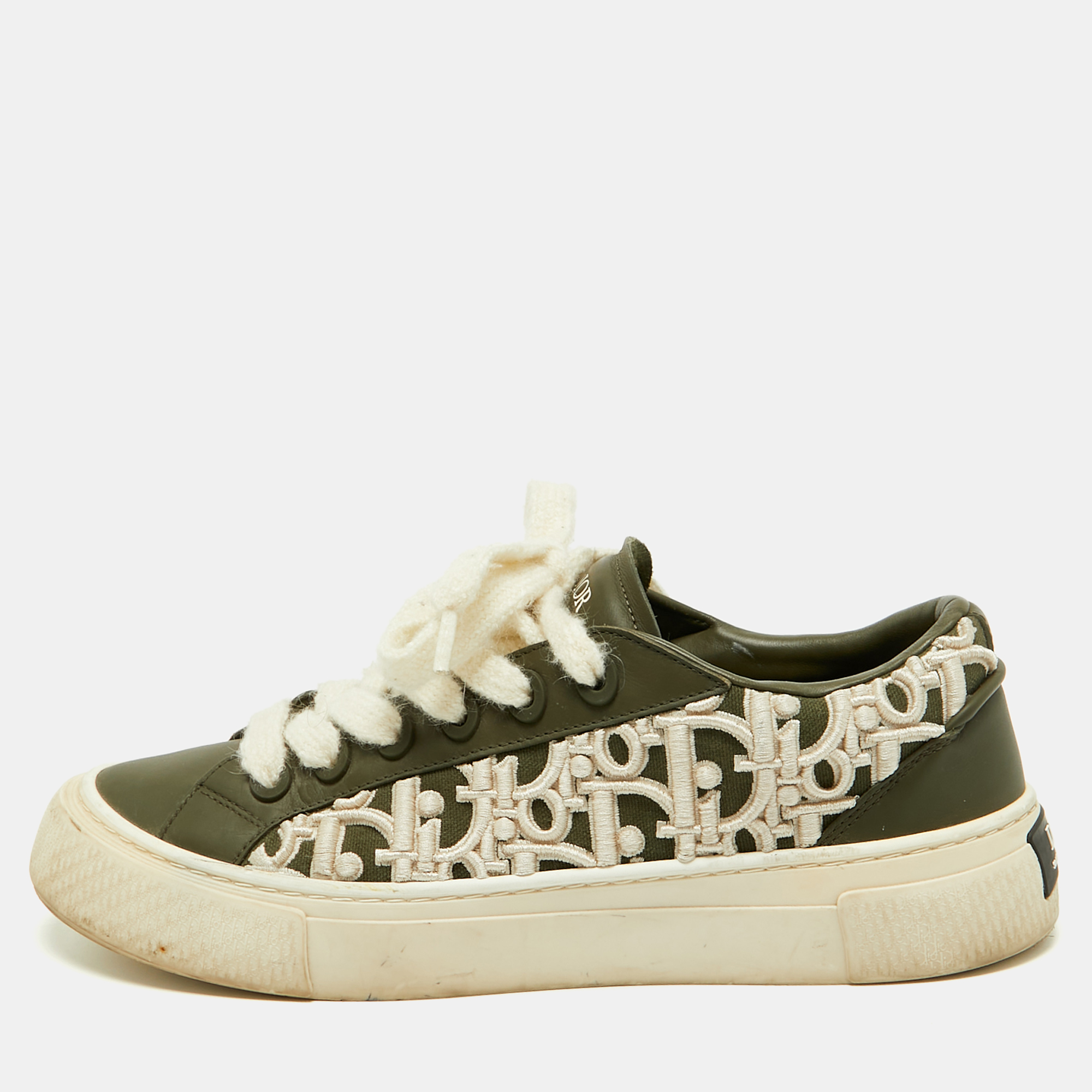 

Dior B33 Size  Khaki Green Leather Oblique Raised Embroidery Low Top Sneakers