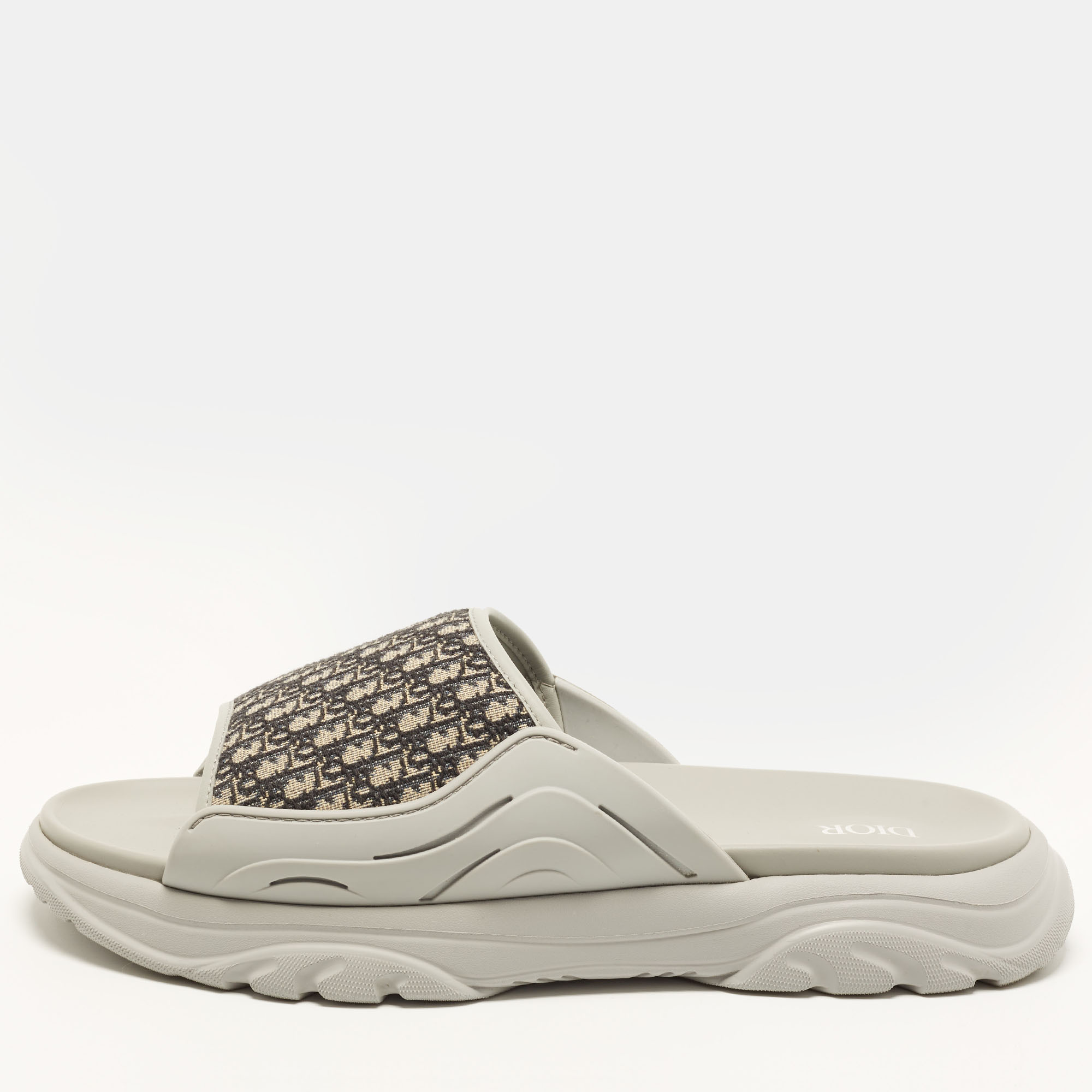 Dior H-Town Size 43 Beige/Grey Oblique Canvas and Rubber Slide Sandals