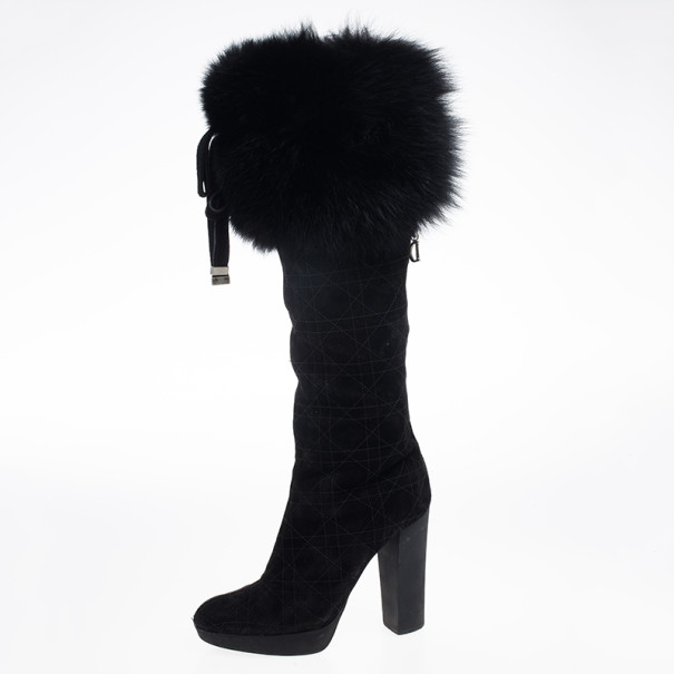 Pre Owned Dior Black Suede Cannage Fur Detail Knee Length Boots Size 37
