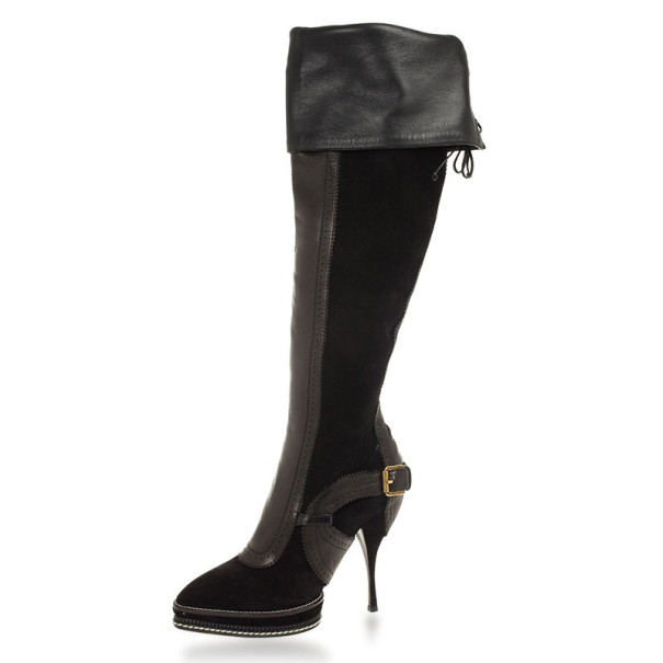 Pre Owned Christian Dior Black Suede & Leather Lace Up Intrigante Over The Knee Boots Size 38