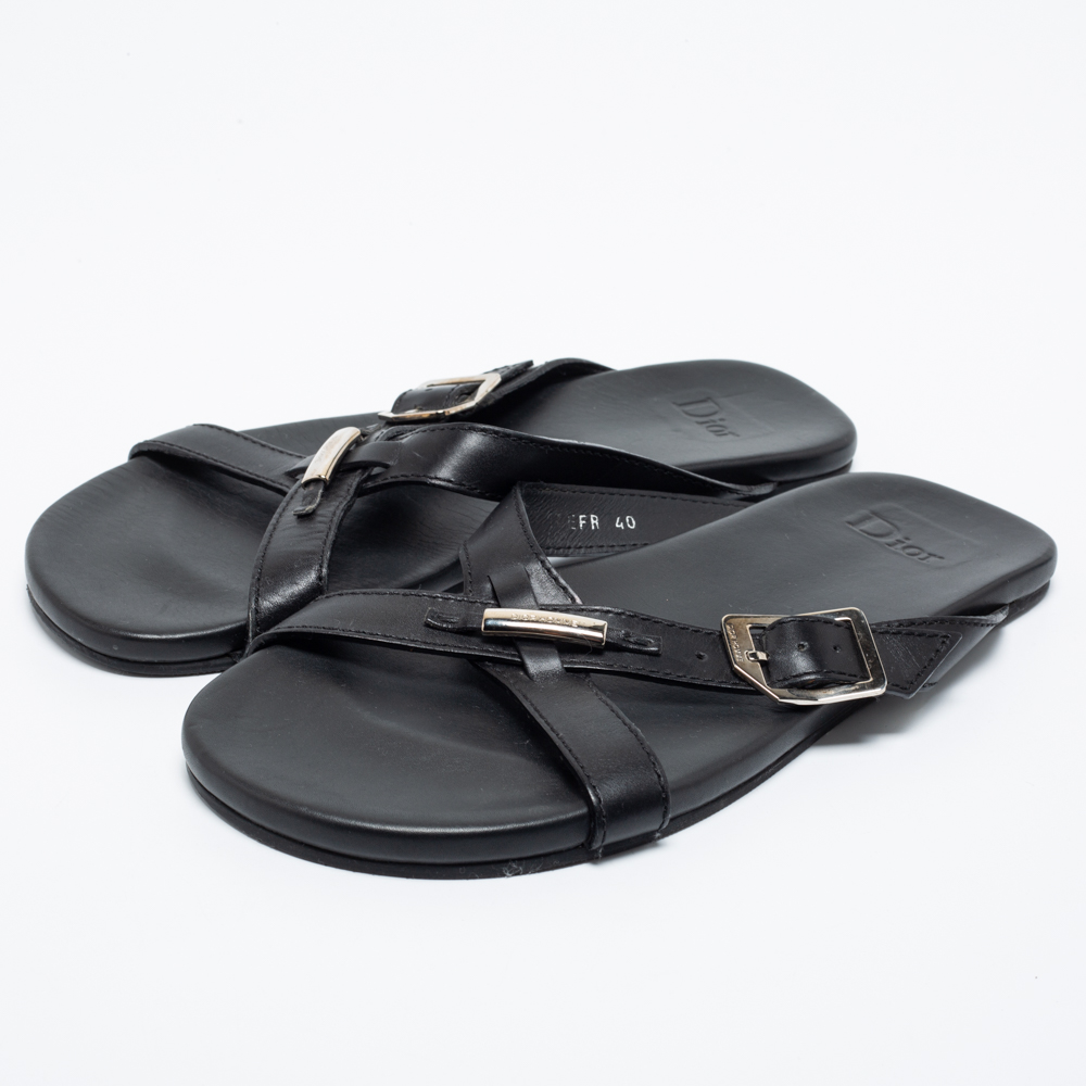 

Dior Black Leather Crisscross Flat Sandals Size