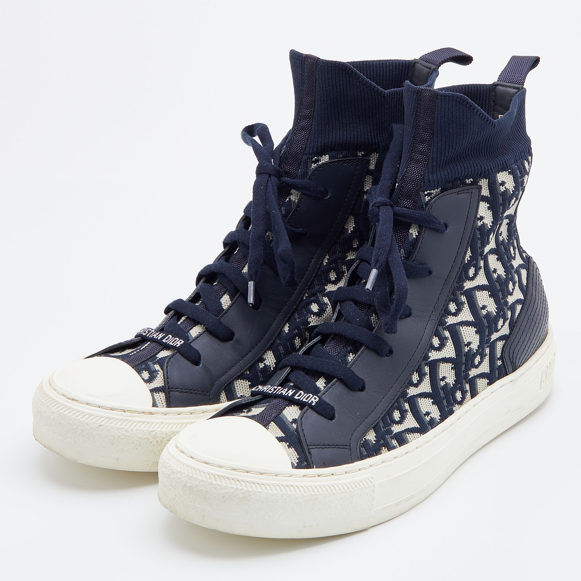 

Dior Navy Blue/White Oblique Knit Fabric and Leather Walk'n'Dior High Top Sneakers Size