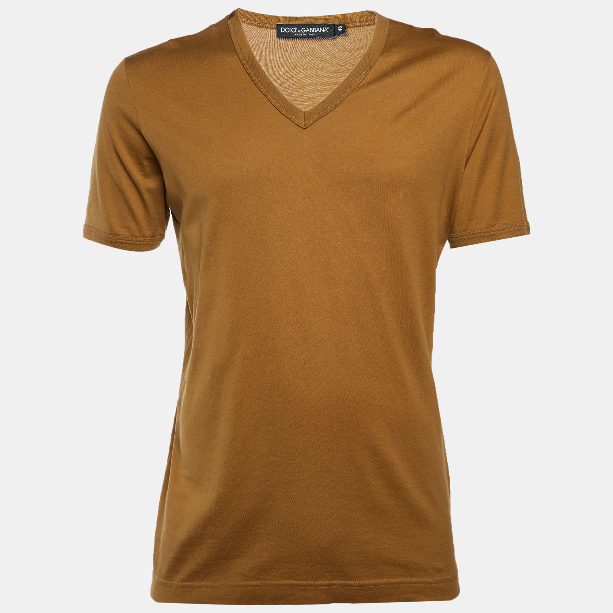 

Dolce & Gabbana Ochre Cotton V-Neck T-Shirt M, Yellow