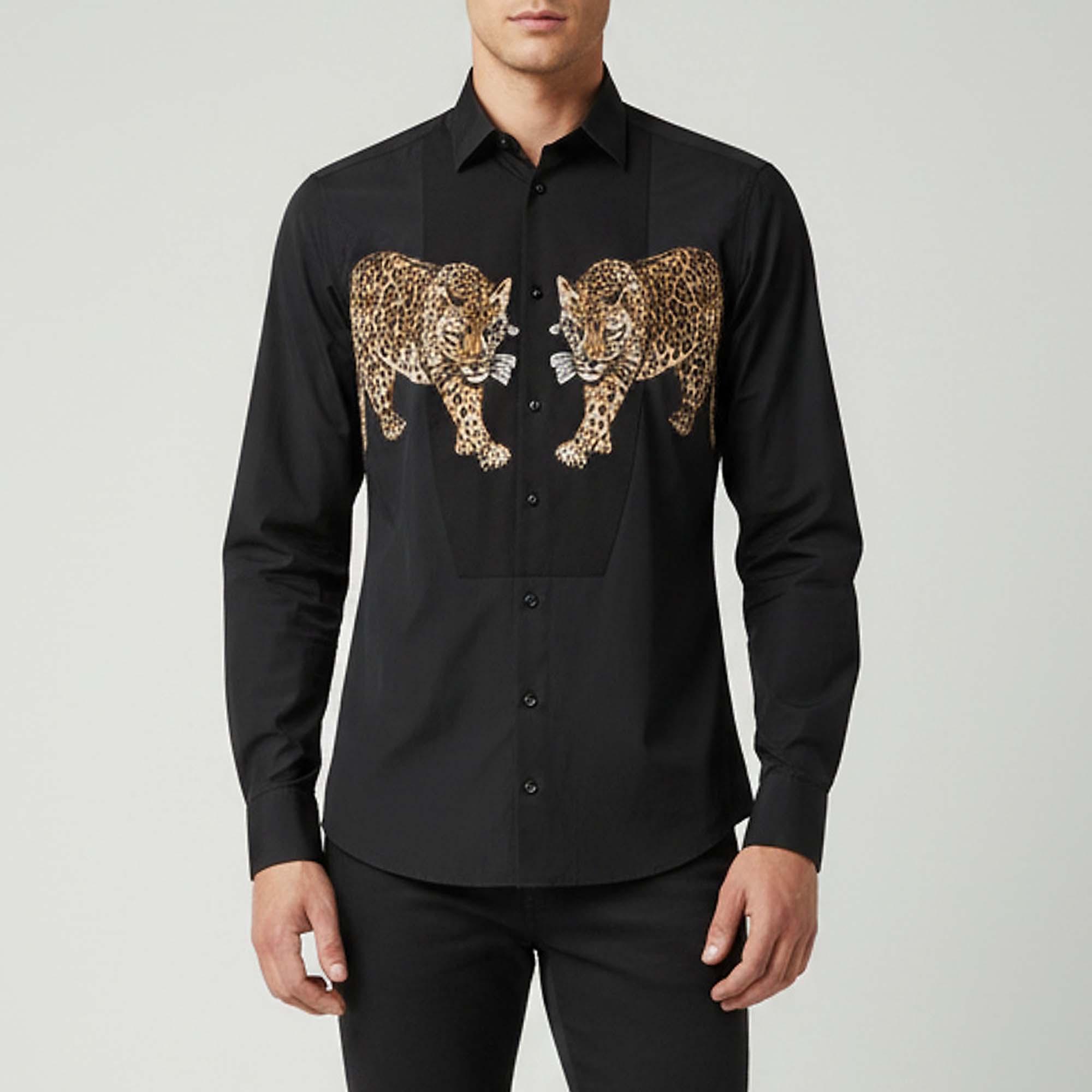 

Dolce & Gabbana Black Cotton Blend Leopard Appliqued Tuxedo Shirt M