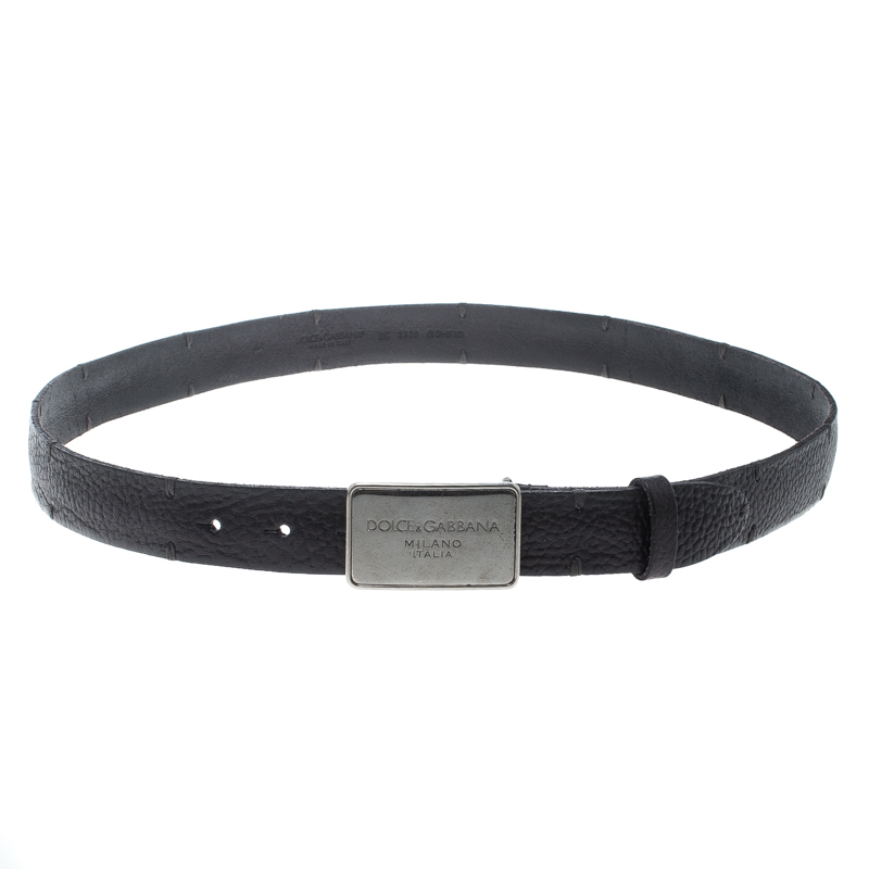 Pre Owned Dolce & Gabbana Black Pebbled Leather Logo Plaque Belt 100cm