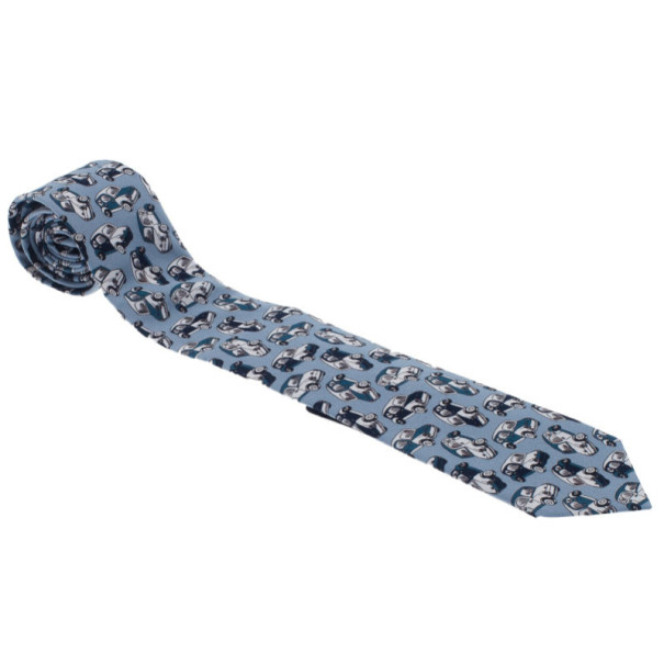Pre Owned Dolce and Gabbana Light Blue Car Printed Tie