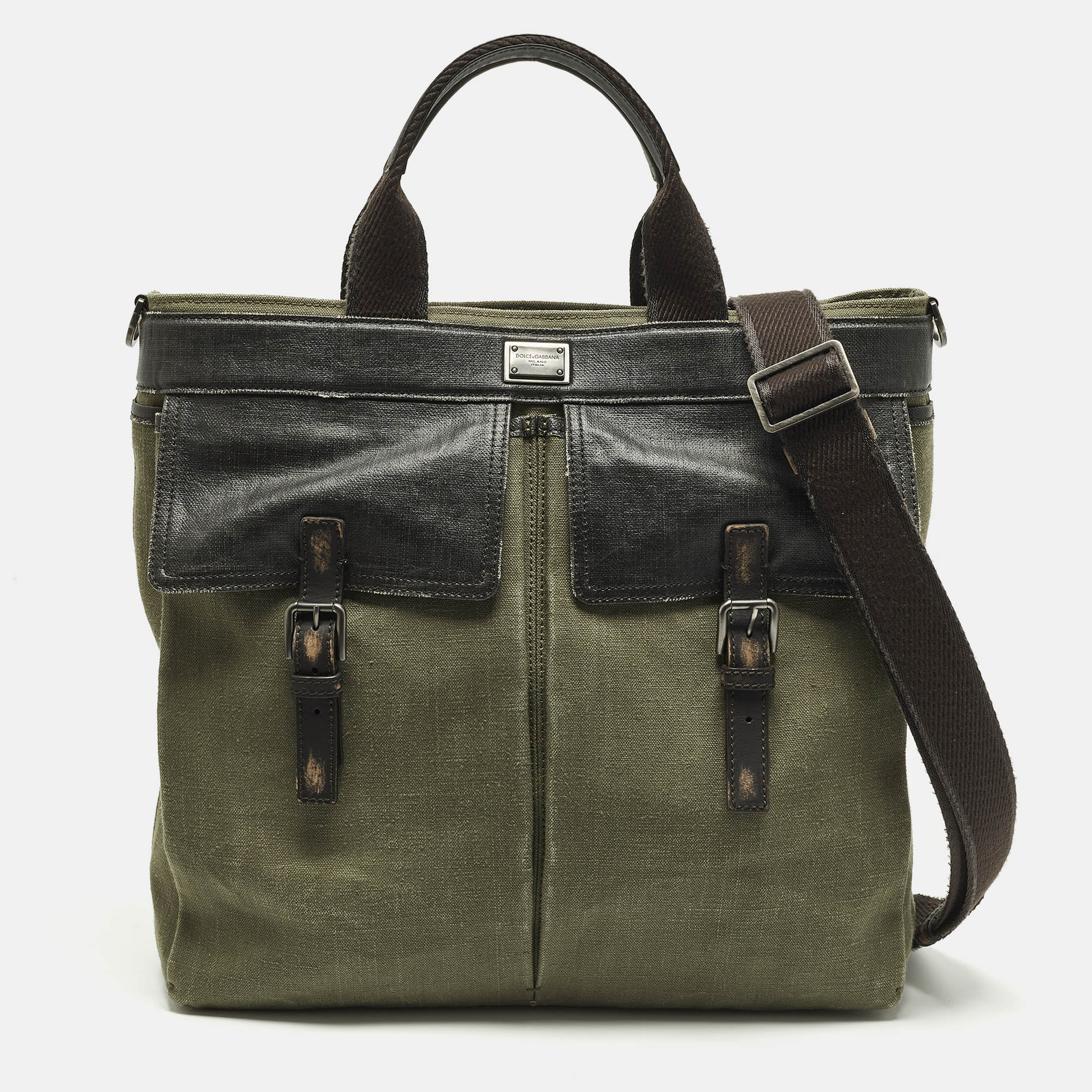 

Dolce & Gabbana Green/Dark Brown Distressed Finish Canvas Tote