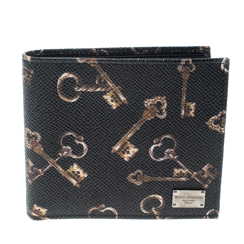 Pre Owned Dolce and Gabbana Black Key Print Leather Bifold Wallet