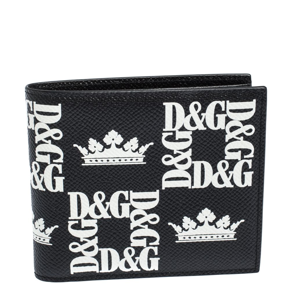 Dolce & Gabbana Black Crown-Logo Print Leather Bifold Wallet