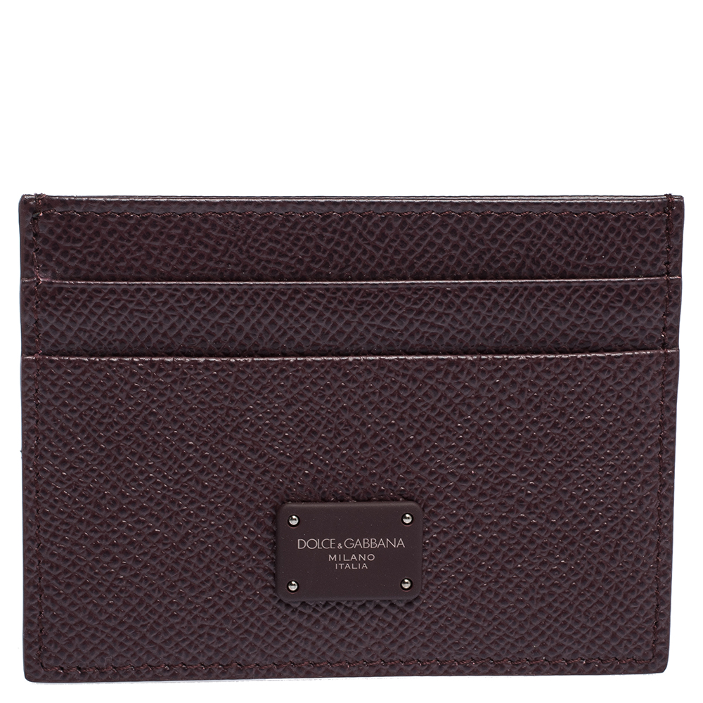 Pre Owned Dolce & Gabbana Burgundy Leather Logo Plaque Card Holder