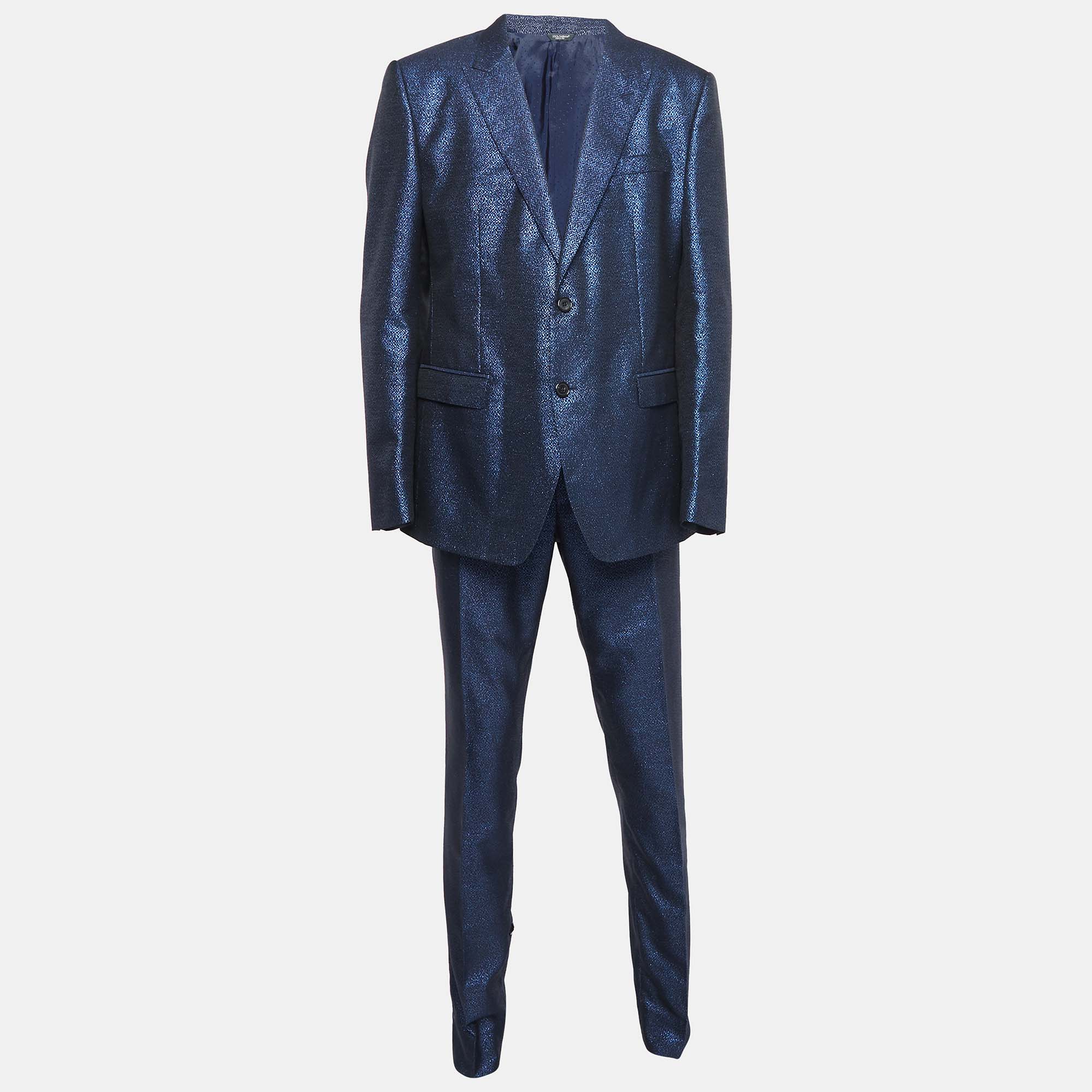 

Dolce & Gabbana Blue Jacquard Single Breasted Pants Suit XXXL